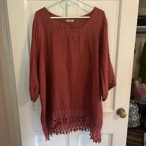 LUNGO L'ARNO Dark Pink Linen Mini Dress Italy Size 2X Crochet Lagen Look Boho